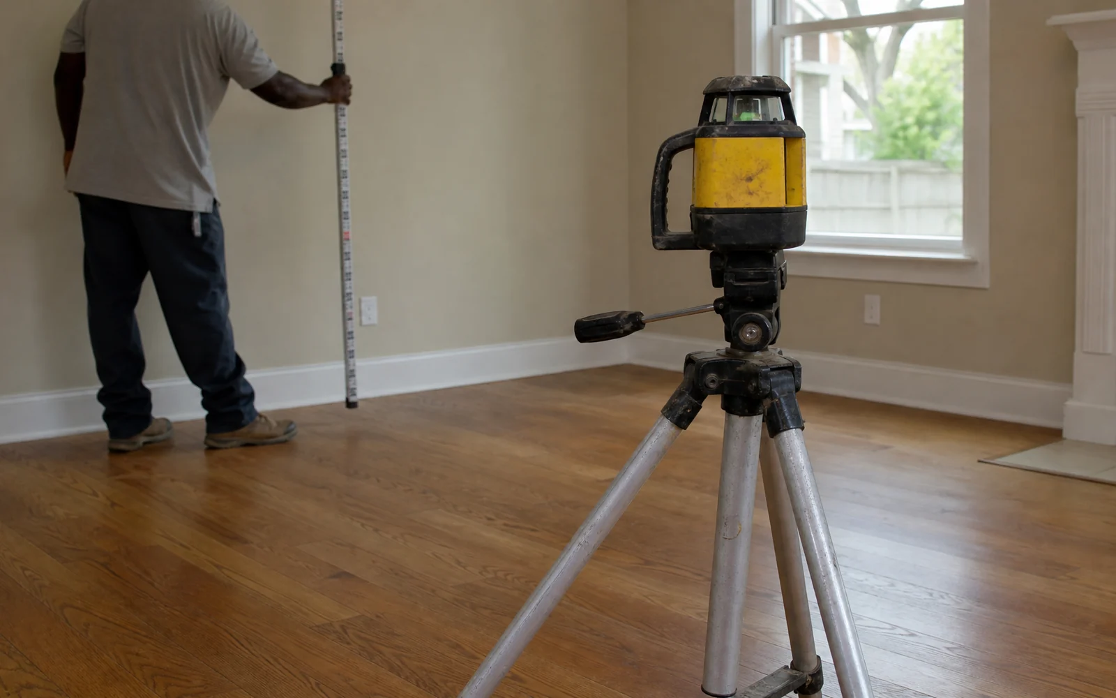 Laser level set up inside a Baton Rouge home during a foundation evaluation