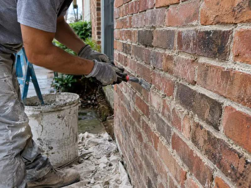 Mason raking out cracked mortar joints before repointing
