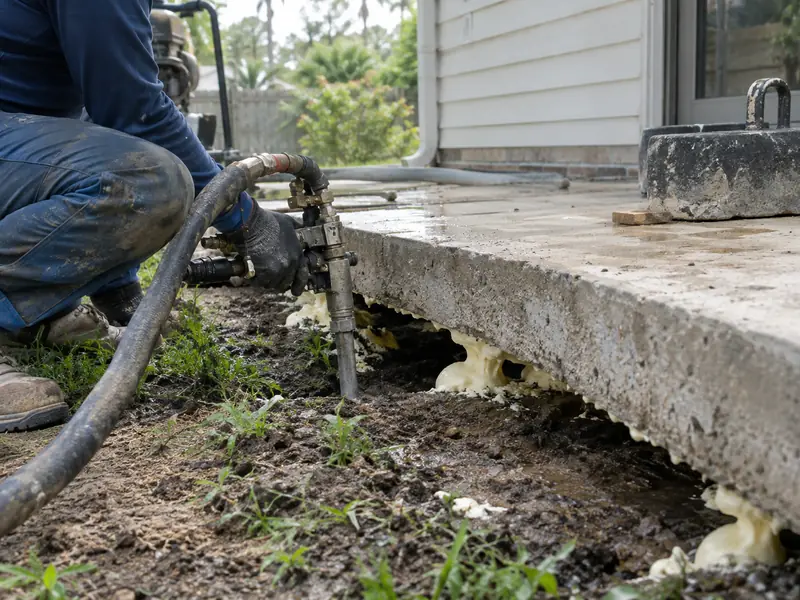 Polyurethane foam being injected under a concrete slab to lift it