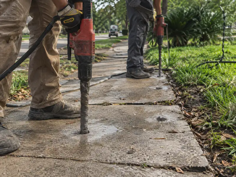 Drilling injection holes in a sunken sidewalk before concrete lifting