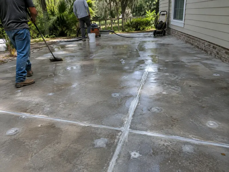 Leveled concrete patio with patched injection holes and sealed joints