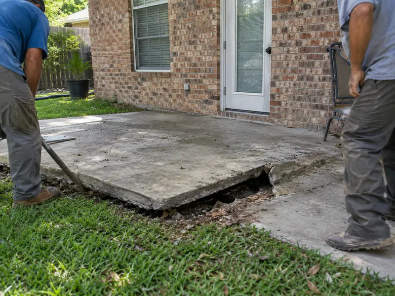 Sunken concrete patio panel pulling away from a Baton Rouge home