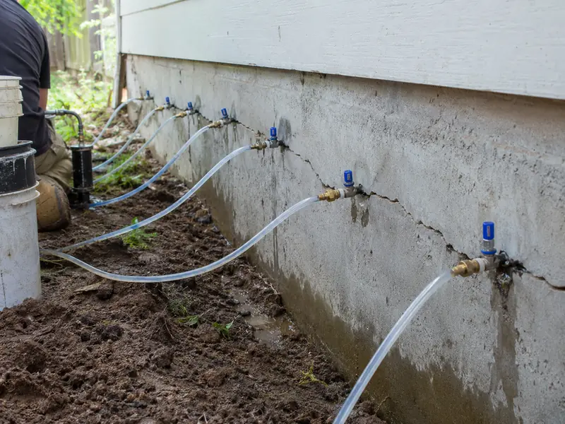 Epoxy injection ports set along a foundation stem wall crack