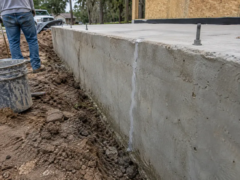 Sealed and finished crack on a slab foundation stem wall