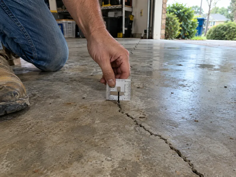 Crack width gauge measuring a slab crack in a Baton Rouge garage
