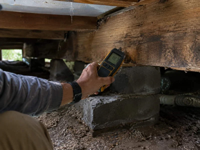 Moisture meter reading on a floor joist in a crawl space