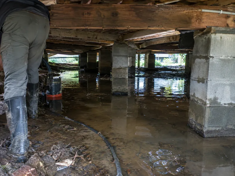 Standing water in a crawl space under a raised Baton Rouge home
