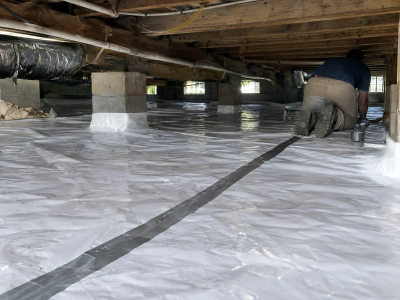 White vapor barrier installed and taped across a crawl space floor