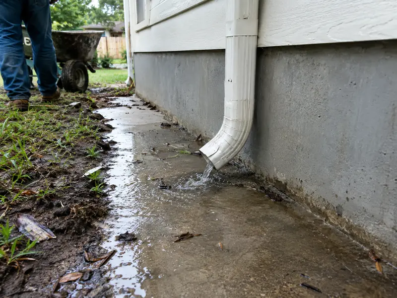 Downspout discharging directly against a slab foundation in Baton Rouge