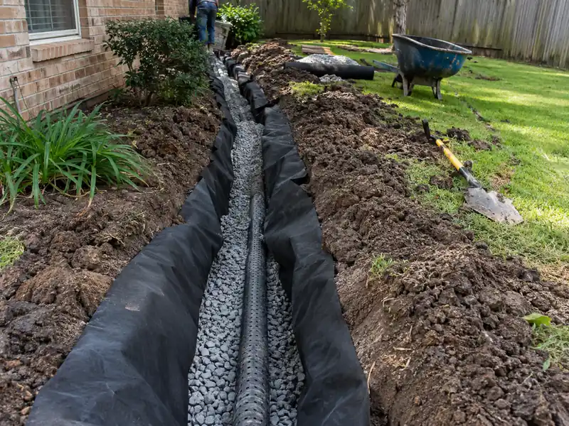 French drain trench with gravel and fabric along a Baton Rouge yard