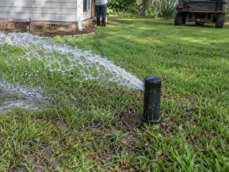 Pop-up drainage emitter discharging water in a lawn away from the house