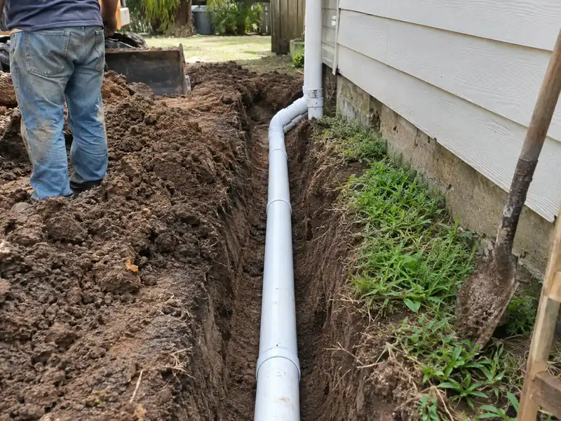 Solid PVC downspout line laid in a trench before backfill