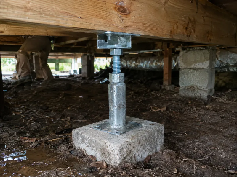 Adjustable steel floor support on a concrete pad in a crawl space
