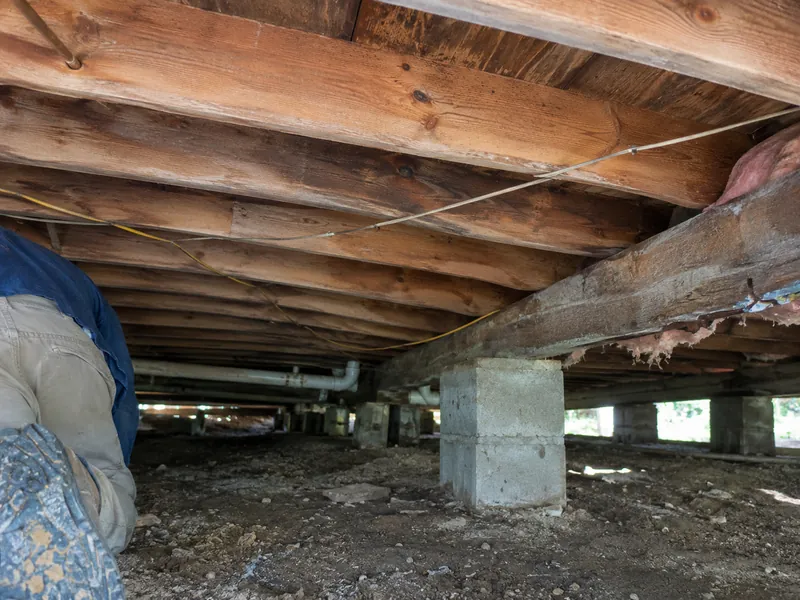 Sagging floor joists visible from the crawl space of a Baton Rouge home