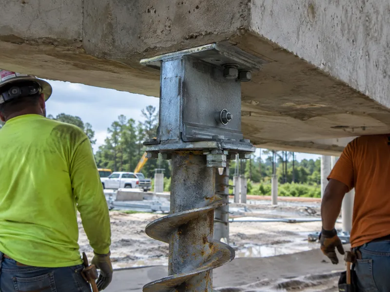 Helical pier bracket attached to a slab beam