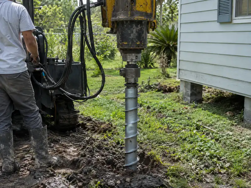 Hydraulic drive head screwing a helical pier into the ground beside a home