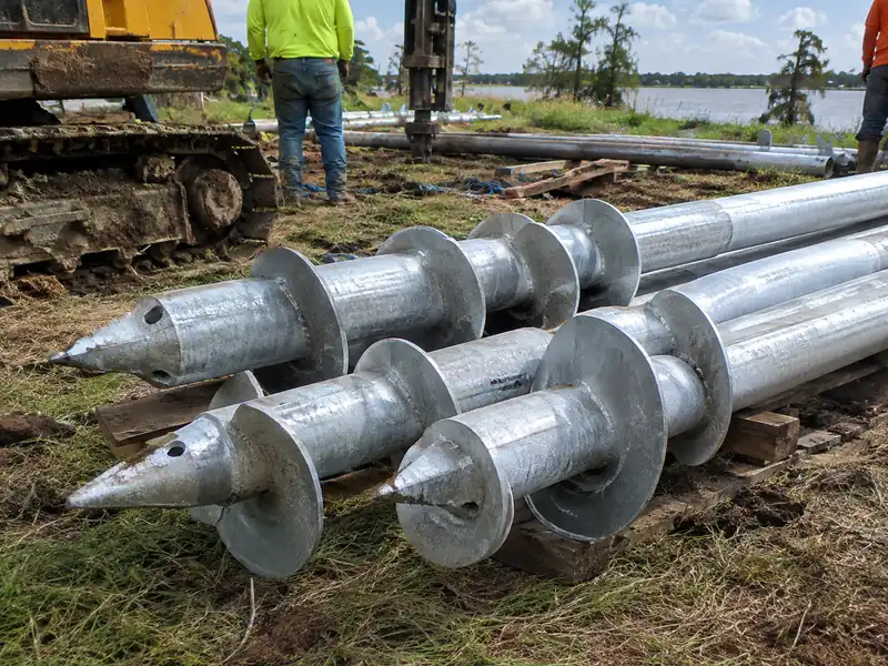 Galvanized helical pier shaft with helix plates before installation