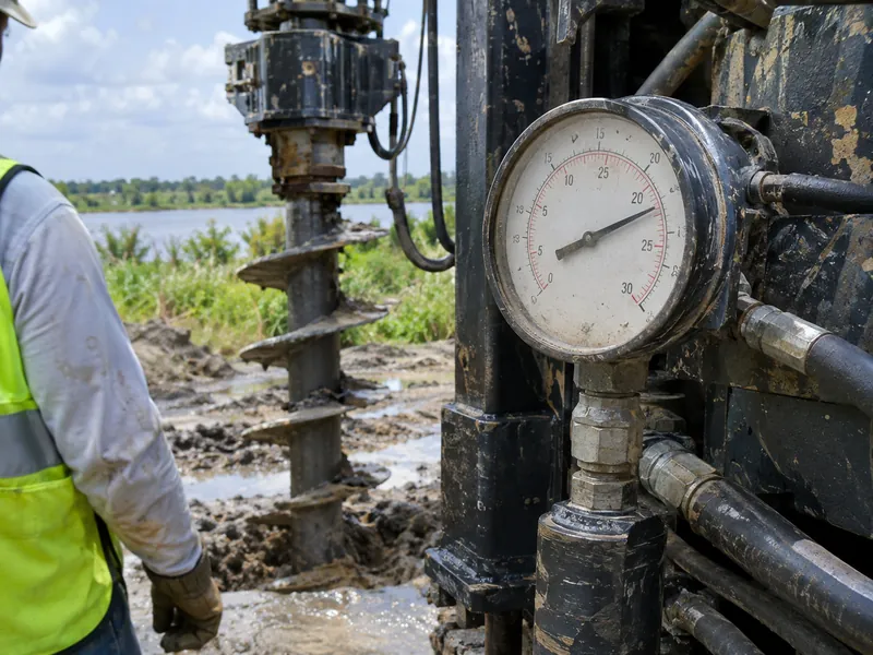 Torque gauge reading during helical pier installation