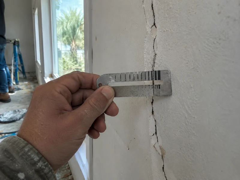 Crack width gauge held against a drywall crack during an inspection