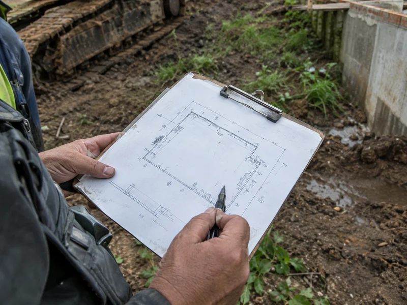 Hand-drawn floor elevation map on a clipboard after a foundation inspection