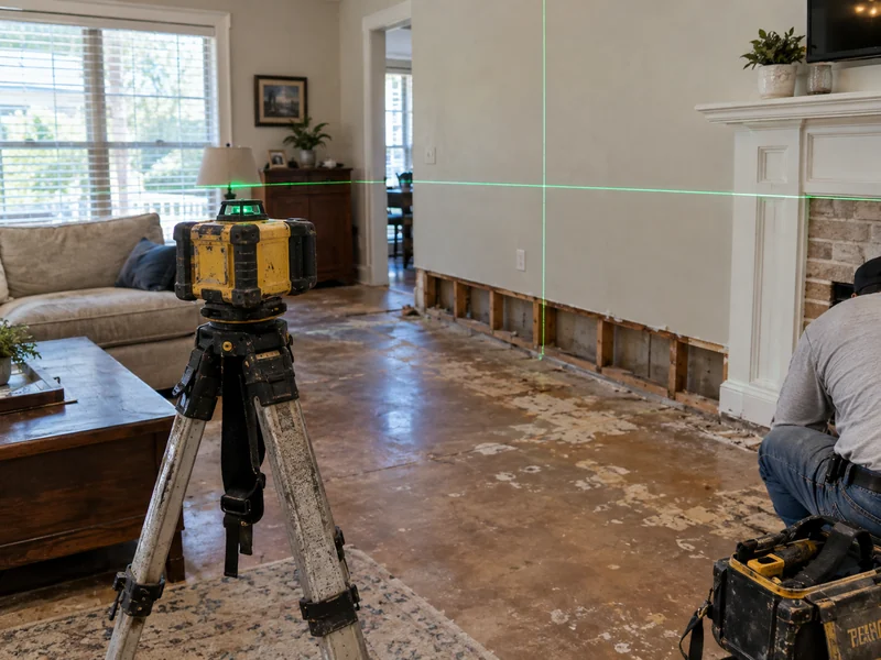 Laser level set up in a living room for a foundation inspection in Baton Rouge