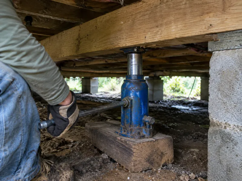 Hydraulic bottle jack lifting a beam during house leveling in a crawl space