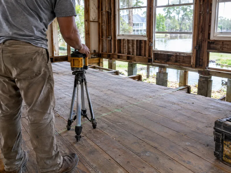 Technician taking laser level floor readings inside a raised Baton Rouge house
