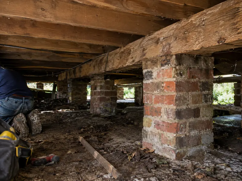 Crawl space under a raised Baton Rouge home showing aging brick piers and wood beams