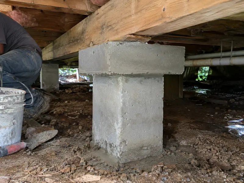 New poured concrete pier and cap set under a beam in a Baton Rouge crawl space
