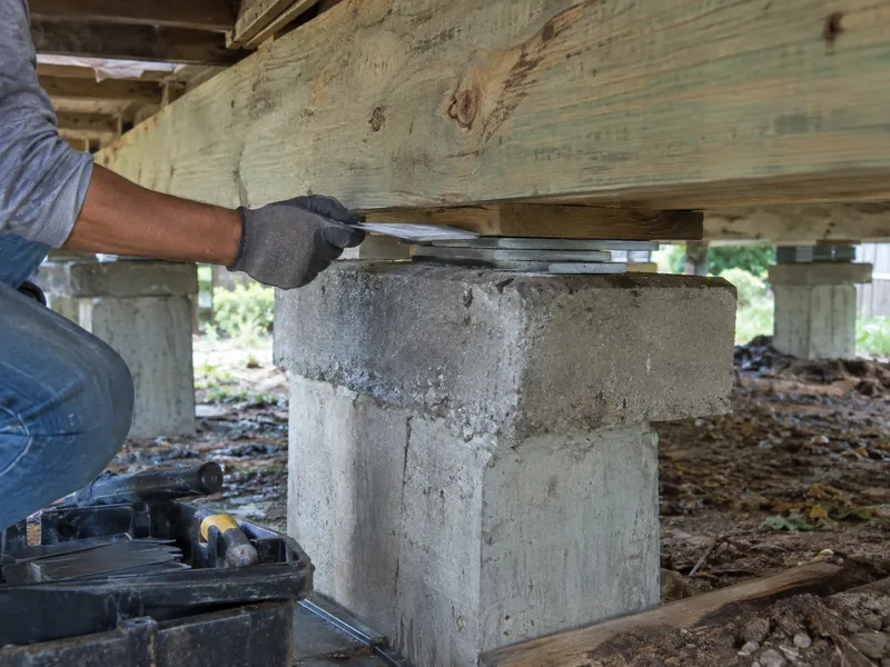 Steel shims placed between a pier cap and a beam during pier and beam repair
