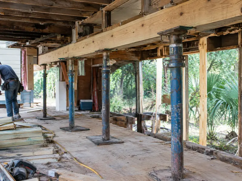 Temporary shoring jacks carrying a floor beam while structural wood is replaced