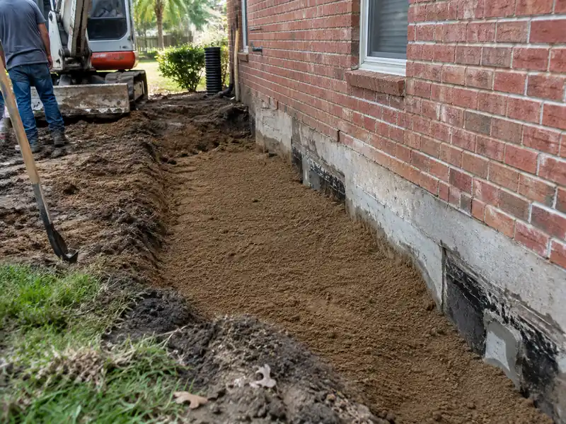 Backfilled piling pit beside a brick home after foundation repair