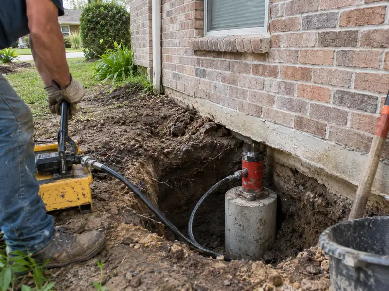 Hydraulic jack pressing a concrete piling segment under a slab beam
