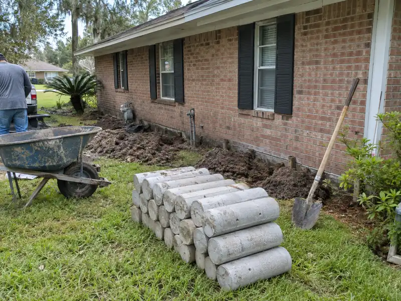 Stack of precast concrete piling segments ready for installation in Baton Rouge