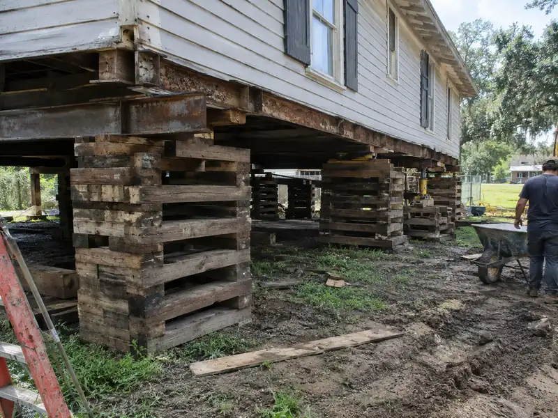 Timber cribbing stacks supporting a house during elevation