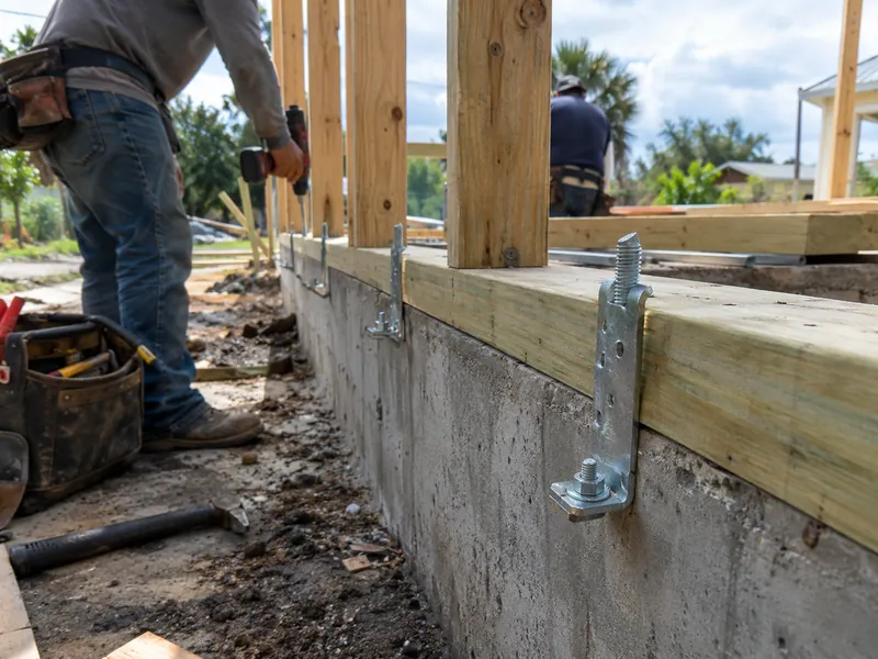 Galvanized anchors fastening a new sill plate