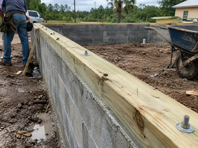 New pressure-treated sill plate installed on a foundation