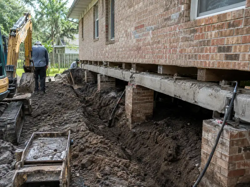 Excavation along the beam of a brick slab home in Baton Rouge before pressed pilings are installed