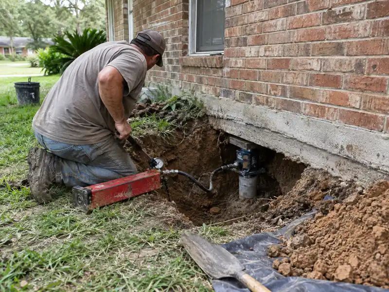 Hydraulic jack pressing a precast concrete piling segment under a Baton Rouge slab