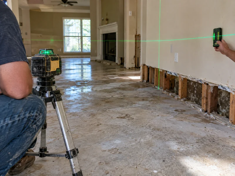 Laser level elevation reading taken inside a Baton Rouge home before slab repair