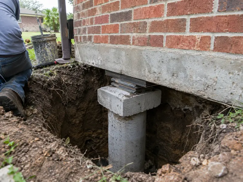 Steel shims and concrete pier cap set on a pressed piling under a slab beam