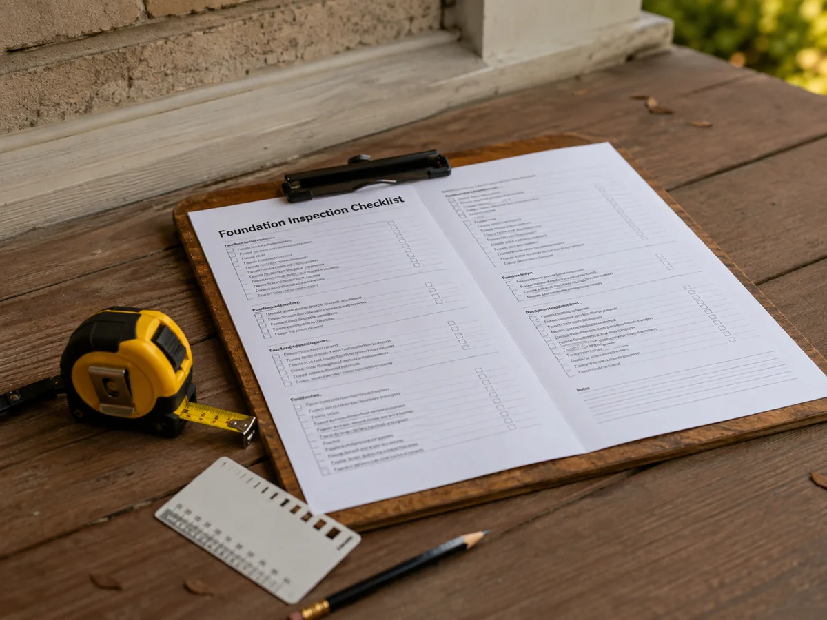 Printed Louisiana foundation inspection checklist on a clipboard with a tape measure
